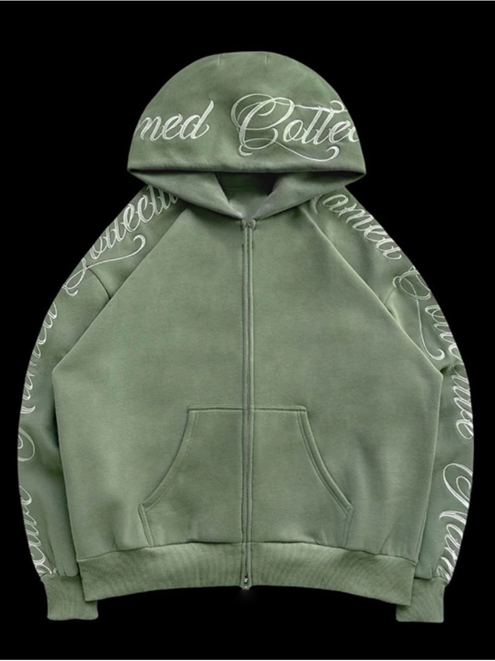 Rare Named Collective Script-Embroidered Olive Zip-Up Hooded Sweater